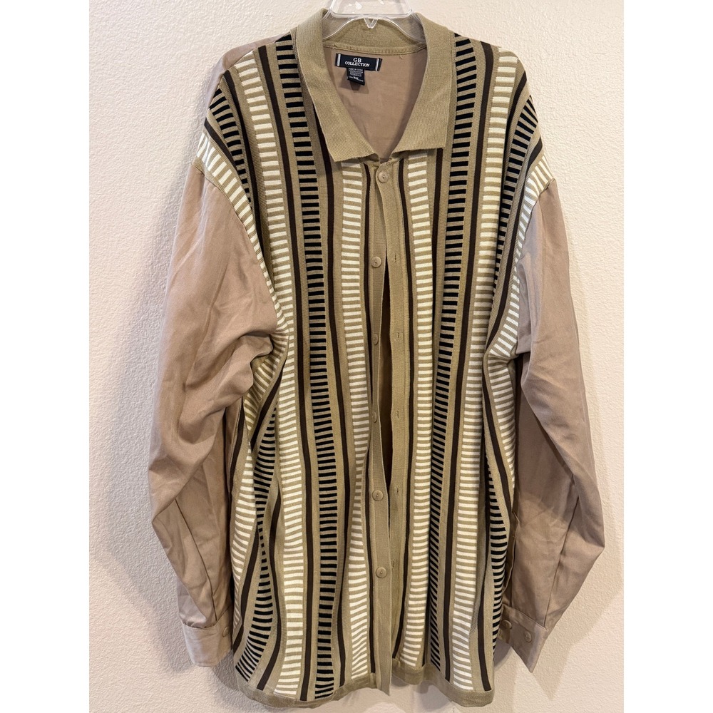GB Collection Mens 2X Mixed Media Knit Front Striped Button Up Shirt Tan Brown
